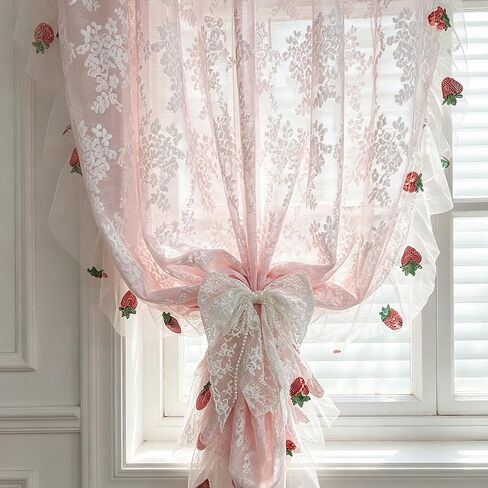 Romantic Pink Lace Sheer Curtains with Strawberry Embroidery | Rod Pocket Window Curtains with Ruffle Trim for Girls Bedroom, Princess Room 2 Panels in Saudi Arabia