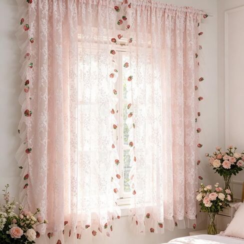 Romantic Pink Lace Sheer Curtains with Strawberry Embroidery | Rod Pocket Window Curtains with Ruffle Trim for Girls Bedroom, Princess Room 2 Panels in Saudi Arabia