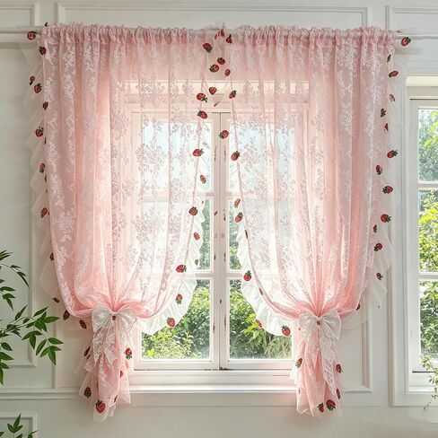 Romantic Pink Lace Sheer Curtains with Strawberry Embroidery | Rod Pocket Window Curtains with Ruffle Trim for Girls Bedroom, Princess Room 2 Panels in Saudi Arabia
