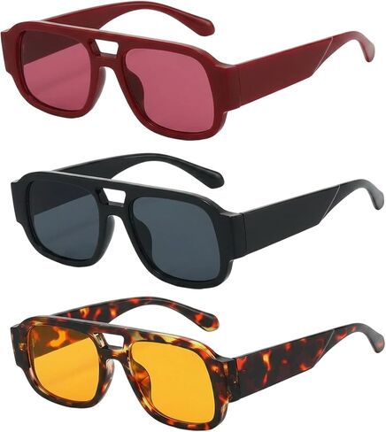 CZFDHP 3PCS Retro Oversized Aviator Sunglasses, Trendy Sun Glasses for Women Men, Classic Square Double Bridge Design with UV Protection, Fashion Statement for Outdoor Activities and Daily Commuting in Saudi Arabia