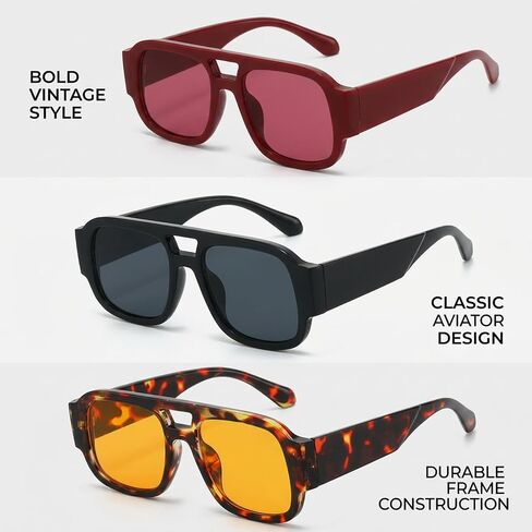 CZFDHP 3PCS Retro Oversized Aviator Sunglasses, Trendy Sun Glasses for Women Men, Classic Square Double Bridge Design with UV Protection, Fashion Statement for Outdoor Activities and Daily Commuting in Saudi Arabia