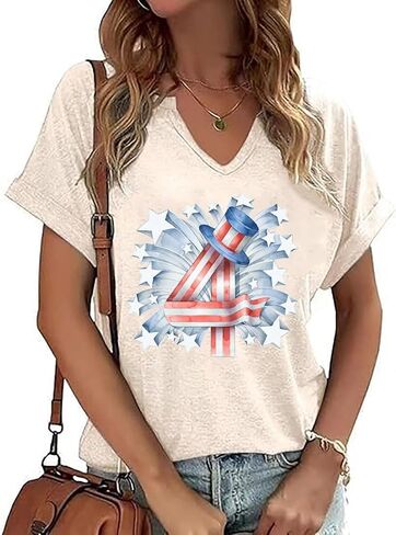 Women V-Neck American Flag T Shirts USA 4th of July T-Shirt Patriotic Shirt Stars and Stripes Tees in Kuwait