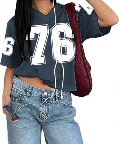 Jersey Shirts for Women Mesh Crop Sports Tshirts V-Neck Short Sleeve T-Shirt Number Casual Streetwear Tops in Saudi Arabia