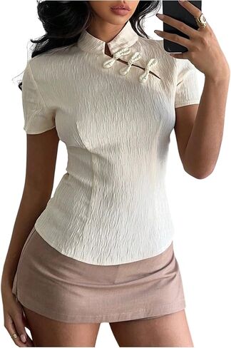 MakeMeChic Women's Mock Neck Cut Out T Shirt Short Sleeve Fitted Cheongsam Tops in Kuwait