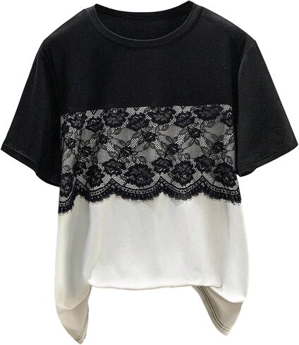 MAKEMECHIC Women's Plus Size Floral Lace T Shirt Color Block Crew Neck Short Sleeve Summer Tops in Kuwait