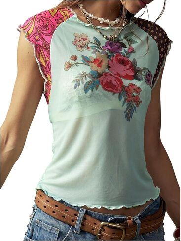 SweatyRocks Women's Boho Retro Colorblock Floral Mesh Tops Cap Sleeve Lettuce Trim Sheer Y2K T Shirts in Kuwait