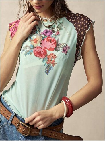 SweatyRocks Women's Boho Retro Colorblock Floral Mesh Tops Cap Sleeve Lettuce Trim Sheer Y2K T Shirts in Kuwait
