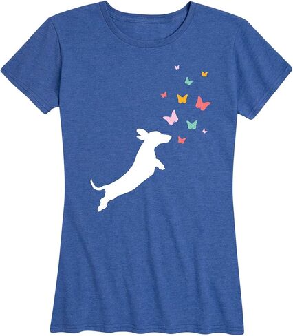 Instant Message - Dachshund Chasing Butterflies - Women's Short Sleeve Graphic T-Shirt in Saudi Arabia