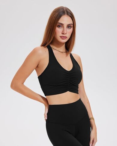 romansong Women's Ruched Front Crop Sports Bra, Racerback V-Neck Workout Tank Top in Saudi Arabia