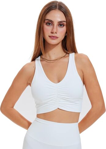 romansong Women's Ruched Front Crop Sports Bra, Racerback V-Neck Workout Tank Top in Saudi Arabia