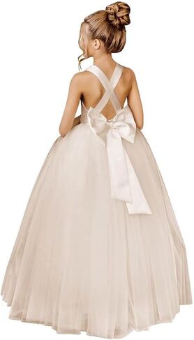 Flower Girls Cross Strap Prom Ball Gowns with Bow-Knot Satin Tulle Princess Pageant Dress QK001 in Kuwait