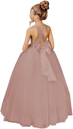 Flower Girls Cross Strap Prom Ball Gowns with Bow-Knot Satin Tulle Princess Pageant Dress QK001 in Kuwait