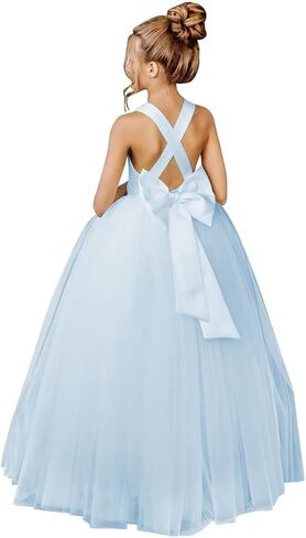 Flower Girls Cross Strap Prom Ball Gowns with Bow-Knot Satin Tulle Princess Pageant Dress QK001 in Kuwait