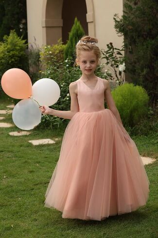 Flower Girls Cross Strap Prom Ball Gowns with Bow-Knot Satin Tulle Princess Pageant Dress QK001 in Kuwait