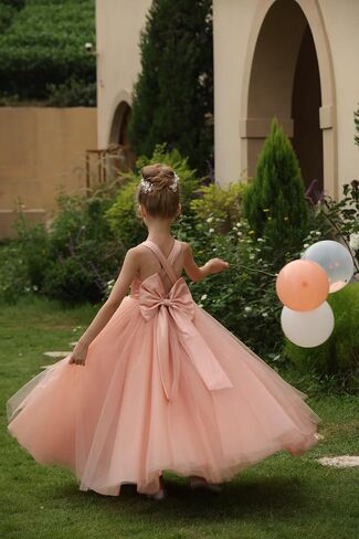 Flower Girls Cross Strap Prom Ball Gowns with Bow-Knot Satin Tulle Princess Pageant Dress QK001 in Kuwait