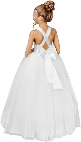 Flower Girls Cross Strap Prom Ball Gowns with Bow-Knot Satin Tulle Princess Pageant Dress QK001 in Kuwait
