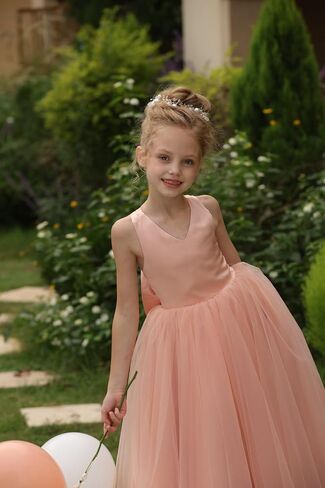 Flower Girls Cross Strap Prom Ball Gowns with Bow-Knot Satin Tulle Princess Pageant Dress QK001 in Kuwait