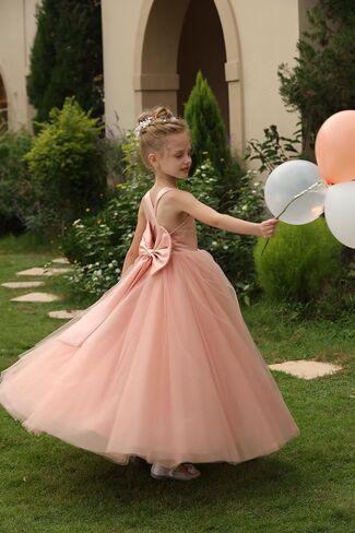 Flower Girls Cross Strap Prom Ball Gowns with Bow-Knot Satin Tulle Princess Pageant Dress QK001 in Kuwait