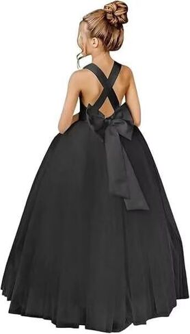 Flower Girls Cross Strap Prom Ball Gowns with Bow-Knot Satin Tulle Princess Pageant Dress QK001 in Kuwait