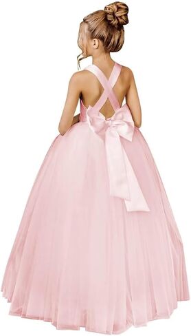 Flower Girls Cross Strap Prom Ball Gowns with Bow-Knot Satin Tulle Princess Pageant Dress QK001 in Kuwait