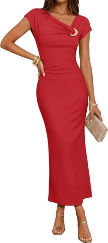 ZESICA Women's Summer Asymmetrical Bodycon Midi Dresses 2026 Formal Ruched Wedding Guest Cocktail Party Long Dress in Saudi Arabia