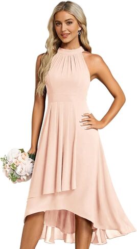 Halter Short Bridesmaid Dresses for Women 2025 A Line High Low Ruched Chiffon Formal Wedding Guest Dress with Pocket in Saudi Arabia