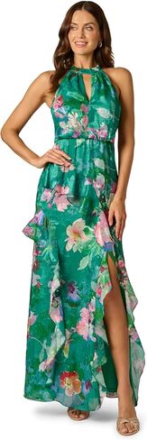 Adrianna Papell Women's Printed Mermaid Dress - Long Floral Halter Top Dress with Ruffled Skirt Detail & Side Slit in Kuwait