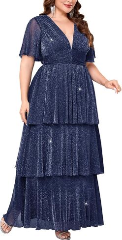 Plus Size Formal Evening Gown Glitter V Neck Ruffle Sleeve Elegant Flowy Tiered Maxi Wedding Guest Party Dress in Kuwait