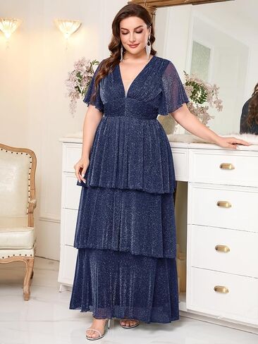 Plus Size Formal Evening Gown Glitter V Neck Ruffle Sleeve Elegant Flowy Tiered Maxi Wedding Guest Party Dress in Kuwait