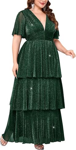 Plus Size Formal Evening Gown Glitter V Neck Ruffle Sleeve Elegant Flowy Tiered Maxi Wedding Guest Party Dress in Saudi Arabia