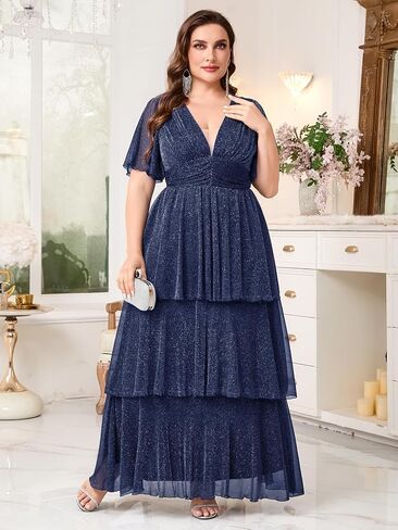 Plus Size Formal Evening Gown Glitter V Neck Ruffle Sleeve Elegant Flowy Tiered Maxi Wedding Guest Party Dress in Kuwait