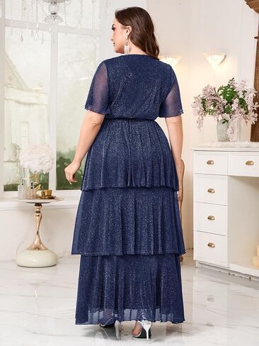 Plus Size Formal Evening Gown Glitter V Neck Ruffle Sleeve Elegant Flowy Tiered Maxi Wedding Guest Party Dress in Kuwait