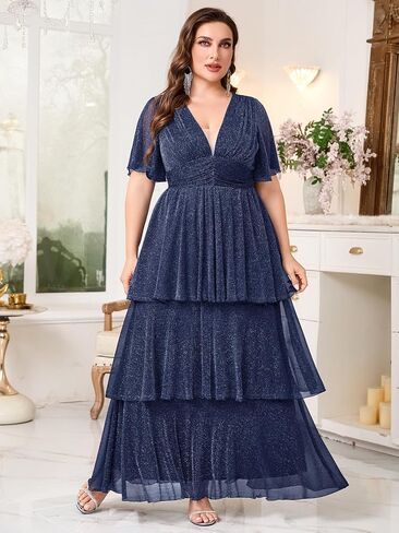 Plus Size Formal Evening Gown Glitter V Neck Ruffle Sleeve Elegant Flowy Tiered Maxi Wedding Guest Party Dress in Kuwait
