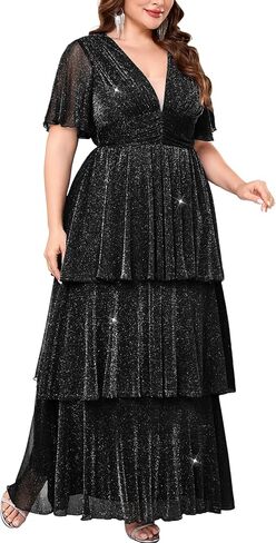 Plus Size Formal Evening Gown Glitter V Neck Ruffle Sleeve Elegant Flowy Tiered Maxi Wedding Guest Party Dress in Kuwait