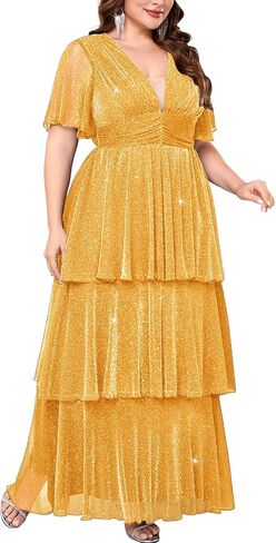 Plus Size Formal Evening Gown Glitter V Neck Ruffle Sleeve Elegant Flowy Tiered Maxi Wedding Guest Party Dress in Kuwait