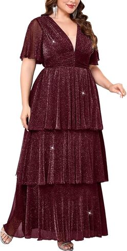 Plus Size Formal Evening Gown Glitter V Neck Ruffle Sleeve Elegant Flowy Tiered Maxi Wedding Guest Party Dress in Kuwait