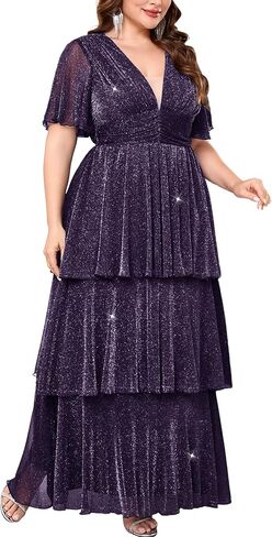 Plus Size Formal Evening Gown Glitter V Neck Ruffle Sleeve Elegant Flowy Tiered Maxi Wedding Guest Party Dress in Kuwait