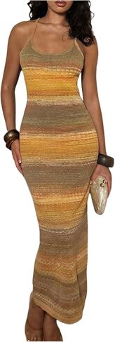 Milumia Women's Striped Maxi Dress Spaghetti Strap Bodycon Summer Crochet Knit Dresses in Kuwait