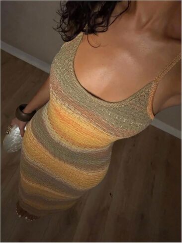 Milumia Women's Striped Maxi Dress Spaghetti Strap Bodycon Summer Crochet Knit Dresses in Saudi Arabia