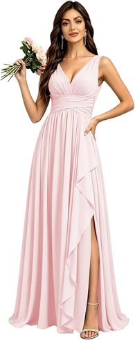 Chiffon Bridesmaid Dresses for Women with Slit V Neck Long Formal Gowns Ruffles Pleated Wedding Guest Dress in Saudi Arabia