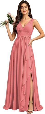 Chiffon Bridesmaid Dresses for Women with Slit V Neck Long Formal Gowns Ruffles Pleated Wedding Guest Dress in Kuwait