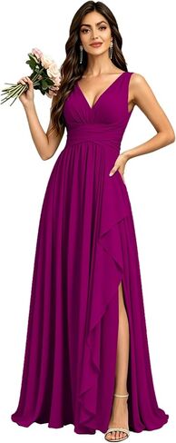 Chiffon Bridesmaid Dresses for Women with Slit V Neck Long Formal Gowns Ruffles Pleated Wedding Guest Dress in Kuwait