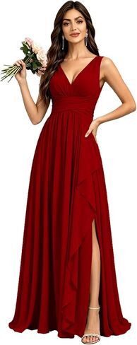 Chiffon Bridesmaid Dresses for Women with Slit V Neck Long Formal Gowns Ruffles Pleated Wedding Guest Dress in Kuwait