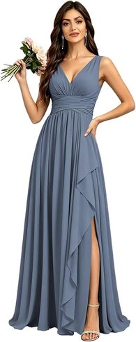 Chiffon Bridesmaid Dresses for Women with Slit V Neck Long Formal Gowns Ruffles Pleated Wedding Guest Dress in Kuwait