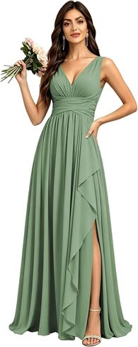 Chiffon Bridesmaid Dresses for Women with Slit V Neck Long Formal Gowns Ruffles Pleated Wedding Guest Dress in Kuwait