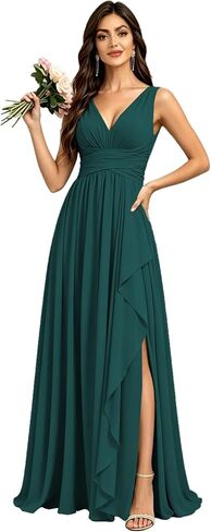 Chiffon Bridesmaid Dresses for Women with Slit V Neck Long Formal Gowns Ruffles Pleated Wedding Guest Dress in Kuwait