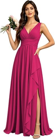 Chiffon Bridesmaid Dresses for Women with Slit V Neck Long Formal Gowns Ruffles Pleated Wedding Guest Dress in Kuwait