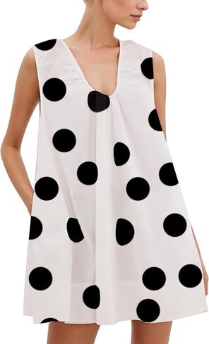 OLAPTA Women Summer Sleeveless Babydoll Mini Tank Dresses Loose Fit Scoop Neck Ruched Short Dress with Pockets Party Clubwear in Saudi Arabia