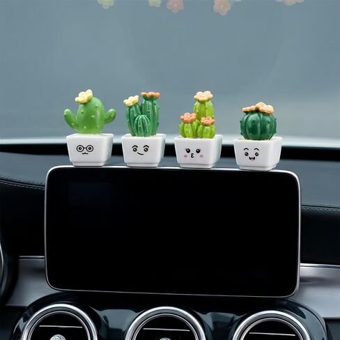 4 Pcs Mini Resin Cactus Figurines, Cute Car Dashboard Decor & Funny Rearview Mirror Ornaments, Fairy Garden Landscape Decor, Unique Gift for Succulent Lovers (Green Emotion Plants) in Saudi Arabia