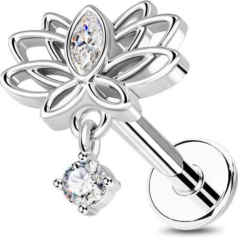 OUFER Silver Flat Back Earrings-16G Gold Forward Helix Piercing Jewelry, Internal Thread Clear CZ Pendant Helix Cartilage Tragus Conch Lobe Piercing Jewelry in Kuwait